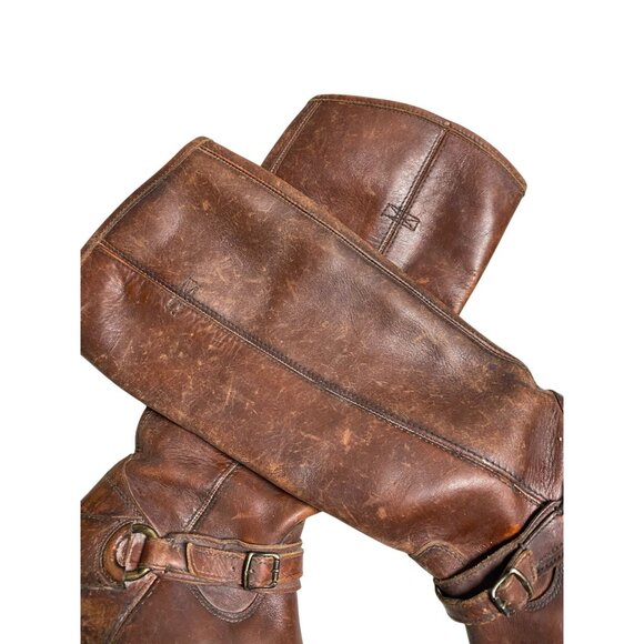 Frye Leather Phillip Ring Harness Boots Women 7.5 B Tall Brown Equestrian Buckle - Picture 9 of 16